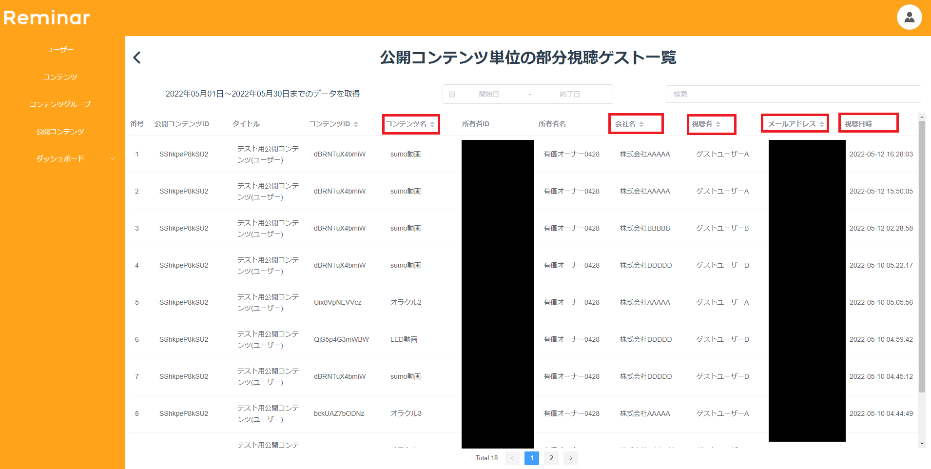 公開コンテンツ単位の部分視聴ゲスト一覧画面