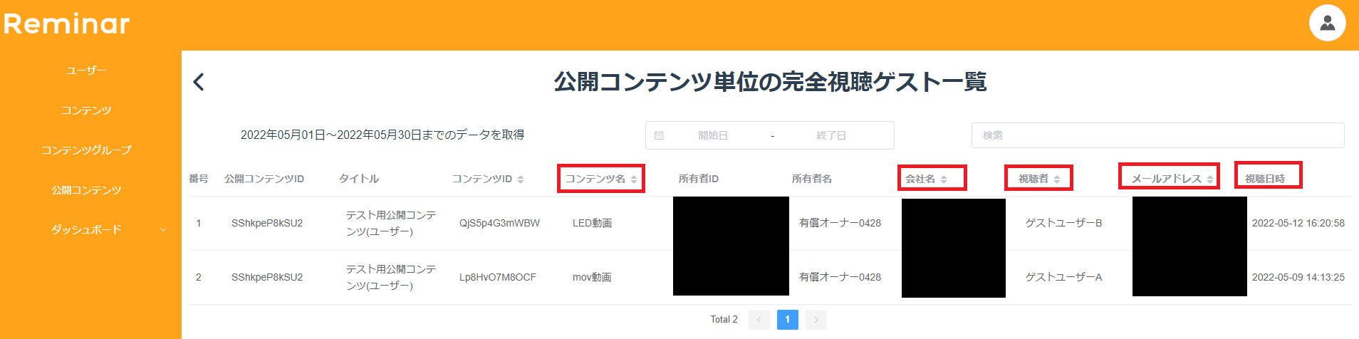 公開コンテンツ単位の完全視聴ゲスト一覧画面